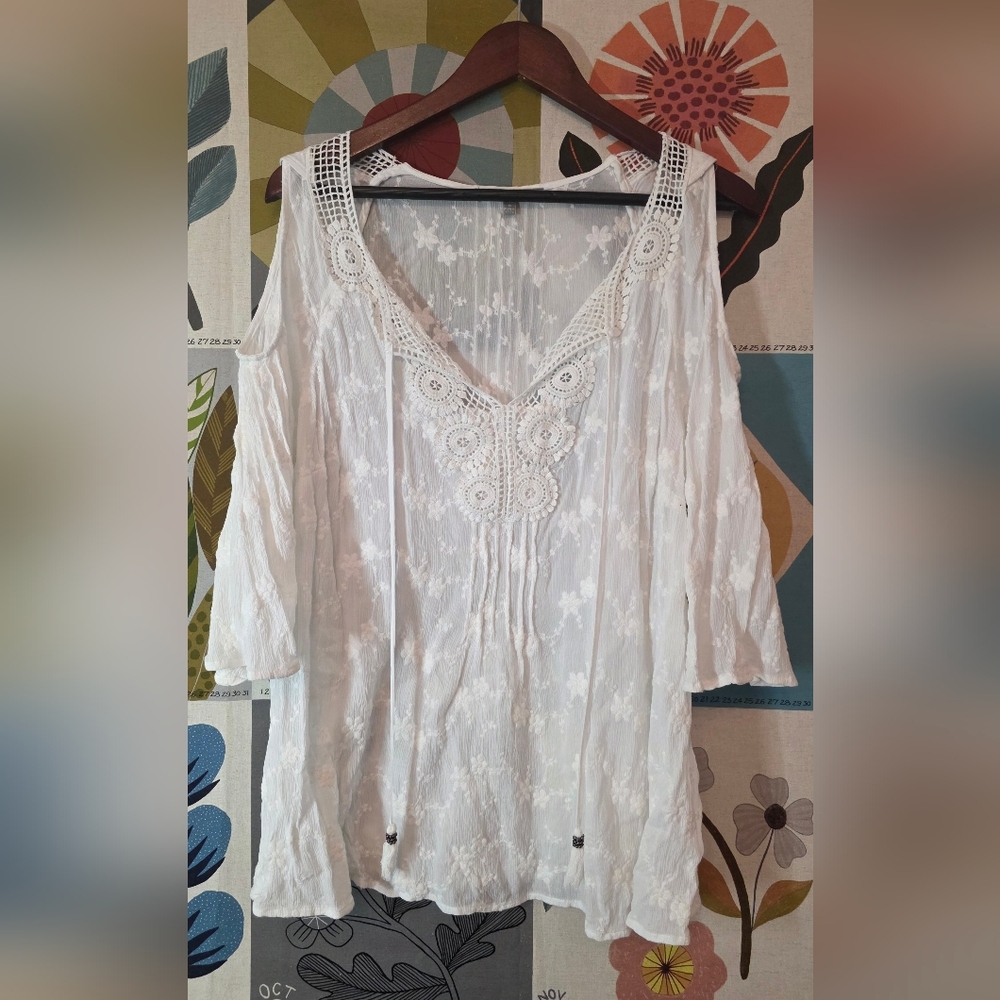 White Crochet-Trim Cold-Shoulder Tunic Top - VACATION
